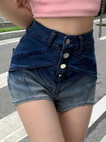 ZllKl  Women's Gradient Ombre Color Denim Shorts, Casual, High-Waisted, Single-breasted Button Design, Fashion Streetwear Hot Pants, Summer Jean Shorts