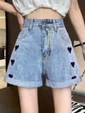 ZllKl  Heart Pattern Niche Denim Shorts, Rolled Hem Slash Pockets Short Denim Pants, Women's Denim Jeans & Clothing
