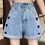 ZllKl  Heart Pattern Niche Denim Shorts, Rolled Hem Slash Pockets Short Denim Pants, Women's Denim Jeans & Clothing