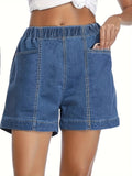 ZllKl  Women's Stylish Denim Shorts, Casual Sporty Style, Elastic Waist, Comfort Fit, With Pockets, Versatile Summer Wear