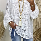 ZllKl Plus Size Boho Blouse, Women's Plus Solid Lace Lantern Sleeve Tassel Trim V Neck Tunic Shirt Top