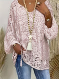 ZllKl Plus Size Boho Blouse, Women's Plus Solid Lace Lantern Sleeve Tassel Trim V Neck Tunic Shirt Top