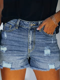 ZllKl  Ripped Raw Hem Whiskering Denim Shorts, Stretchy Distressed Slash Pocket Denim Shorts, Women's Denim Jeans & Clothing