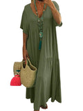 ZllKl  Cross-Border Spring and Summer New  Wish Cotton and Linen Solid Color Loose V-neck Short Sleeve Large Swing Dress
