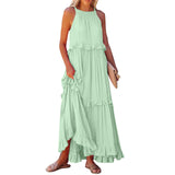 Zllk  European and American  Summer New Holiday Ruffled Long Dress  Wide Hem Flowy Beach Dress for Women