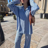 zllkl  2022 Spring New European and American Fashion Pleated Design Shirt Outfit Straight-Leg Trousers Loose Drooping Two-Piece Set for Women