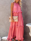 Zllk  European and American  Summer New Holiday Ruffled Long Dress  Wide Hem Flowy Beach Dress for Women