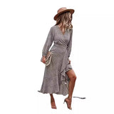 Zllk  In Stock!  European and American Foreign Trade Women's Long Sleeve Wrap Dress Flower Printed V-neck Autumn and Winter Dress