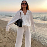 zllkl  2022 Spring New European and American Fashion Pleated Design Shirt Outfit Straight-Leg Trousers Loose Drooping Two-Piece Set for Women