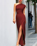 Zllk  New European and American Hot Women's One Shoulder High Waist Front Slit Temperament Dress  Hot Sale Dress