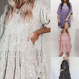 Zllk  Europe and America Cross Border Foreign Trade New Top-Selling Product Fashion Sequined round Neck Loose Waist Short Sleeves and Skirt Dress Banquet Dress