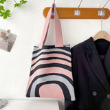 ZllKl  Cross-Border Knitted Shoulder Hand Holding Tote Simple Striped Student Shopping Canvas Bag Large Capacity Women's Bag