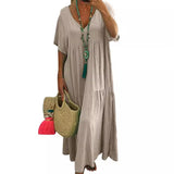 ZllKl  Cross-Border Spring and Summer New  Wish Cotton and Linen Solid Color Loose V-neck Short Sleeve Large Swing Dress