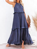 Zllk  European and American  Summer New Holiday Ruffled Long Dress  Wide Hem Flowy Beach Dress for Women