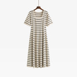 ZllKl  100.00kg plus Size Women's Clothing Square Collar Short Sleeve T-shirt Skirt  Summer Plump Girls Slimming Stripes Knitted Dress 22301