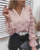 zllkl  2022 New Women's Clothing Design Sense Spring and Autumn Fashion White Lace Long Sleeve V-neck Lace Openwork Blouse Shirt Wholesale