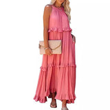 Zllk  European and American  Summer New Holiday Ruffled Long Dress  Wide Hem Flowy Beach Dress for Women