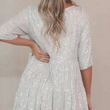 Zllk  Europe and America Cross Border Foreign Trade New Top-Selling Product Fashion Sequined round Neck Loose Waist Short Sleeves and Skirt Dress Banquet Dress