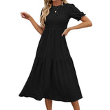 Zllk  Europe and America Cross Border Foreign Trade  Spring and Summer New Solid Color round Neck Smocking Stitching Short Sleeve Dress Ladies