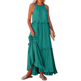 Zllk  European and American  Summer New Holiday Ruffled Long Dress  Wide Hem Flowy Beach Dress for Women