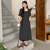 ZllKl  100.00kg plus Size Women's Clothing Square Collar Short Sleeve T-shirt Skirt  Summer Plump Girls Slimming Stripes Knitted Dress 22301