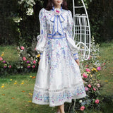 ZllKl  Style Vintage Court Style  Spring New Neckline Lace-up Flower Design Long Sleeve Flower Print Dress