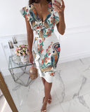 ZllKl  Hot Sale Multi-Color Printed Dress V-neck Sheath Ruffled Slim Fit Sexy High Waist Dress