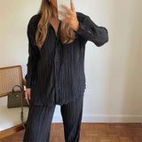 zllkl  2022 Spring New European and American Fashion Pleated Design Shirt Outfit Straight-Leg Trousers Loose Drooping Two-Piece Set for Women