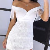 Zllk  In Stock European and American Foreign Trade Fashion Tight Dress  Wish New off-Shoulder Tassel Tight