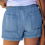 Women's Washed Denim Shorts, Casual Drawstring Elastic Waist Frayed Hem Loose Short Jeans