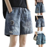 Women Shorts Vintage High Waist Summer Shorts Embroidery Pattern Pocket Denim Shorts Elastic Waist Wide Leg Loose Shorts