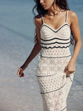 TRAFZA Women's Beach Style Crochet Wool Slim Halter Long Dress Fashion Elegant Mesh Sleeveless Spaghetti Strap Sexy Midi Dresses