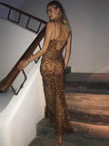 Lace-up Leopard Print Bodycon Long Dress Summer Sexy Women's Backless Maxi Dresses Celebrity Evening Party Beach Slim Fit Dress