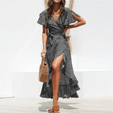 Women Summer Dresses Bohemian Sexy V-Neck Irregular High Waist Lace-up Chiffon Print Dress Casual Beach Long Dress