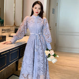 Embroidery New Autumn Single breasted Chiffon Solid Color Women's Dress A Line O Fashion Birthday Party Readymade Dress Prom
