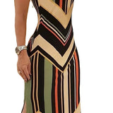 Colorful Striped Print Side Slit Maxi Dress Women Colorblock Sleeveless Slim Long Dresses