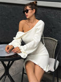 Tossy Ruffled Hot Backless Knit Mini Dress Women Lace-Up Long Sleeve Sexy High Waist Sweater Dress Loose Knitwear Autumn Dress