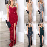 Dresses For Women 2024 Sexy Sparkly Glitter Sequin Deep V-Neck High Side Slit Wrap Hip Sleeveless Dress Nightclub Party Dress