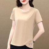 Women's T-shirt Summer Short Sleeve Loose Pullover Solid Vintage Round Neck Embroidery Printing Fashion Elegant Plus Size Tops