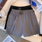 Plus-size women's summer casual shorts Black gray cotton fabric high-waisted shorts Elastic waist design belt double pockets