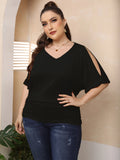 Elegant Plus Size T-Shirt Summer Style Pleated Casual Slit Sleeve Top