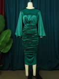 Pleated Green Satin Dresses Long Lantern Sleeve High Waist Soft Midi Evening Birthday Club Party Plus Size Outfits for Women 4XL