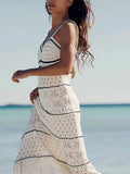 TRAFZA Women's Beach Style Crochet Wool Slim Halter Long Dress Fashion Elegant Mesh Sleeveless Spaghetti Strap Sexy Midi Dresses