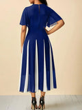 Plus Size Women's Dress Chiffon Patchwork Short Sleeve Casual Tunic Midi Dress Fashion A-Line Pleated Casual Party Dress