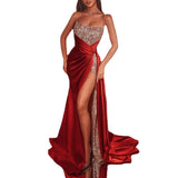 Luxury Floor Length Dresses For Women Wedding Party Clothes Split Strapless Sequins Long Evening Gowns Female Gold Summer