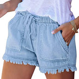 Women's Washed Denim Shorts, Casual Drawstring Elastic Waist Frayed Hem Loose Short Jeans