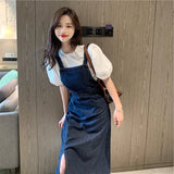 Women's Summer Fashion Side Split Dress Korean Edition Casual Denim Strap Dress Versatile Thin And Small Design Long Dress