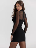 Mozision Mesh Strapless Long Sleeve Sexy Mini Dress For Women Off-shoulder Halter Chest Wrap Bodycon Club Party Dress Elegant