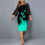Plus Size Women Clothing Elegant Casual Party Dress Autumn/Winter Lace Print Knee-Length Flare Sleeve O-Neck