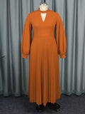 Plus Size Women Brown Maxi Pleated Party Dress Long Lantern Sleeve O Neck Cut Out Chest A-line Formal Church Robes New Gown 2024